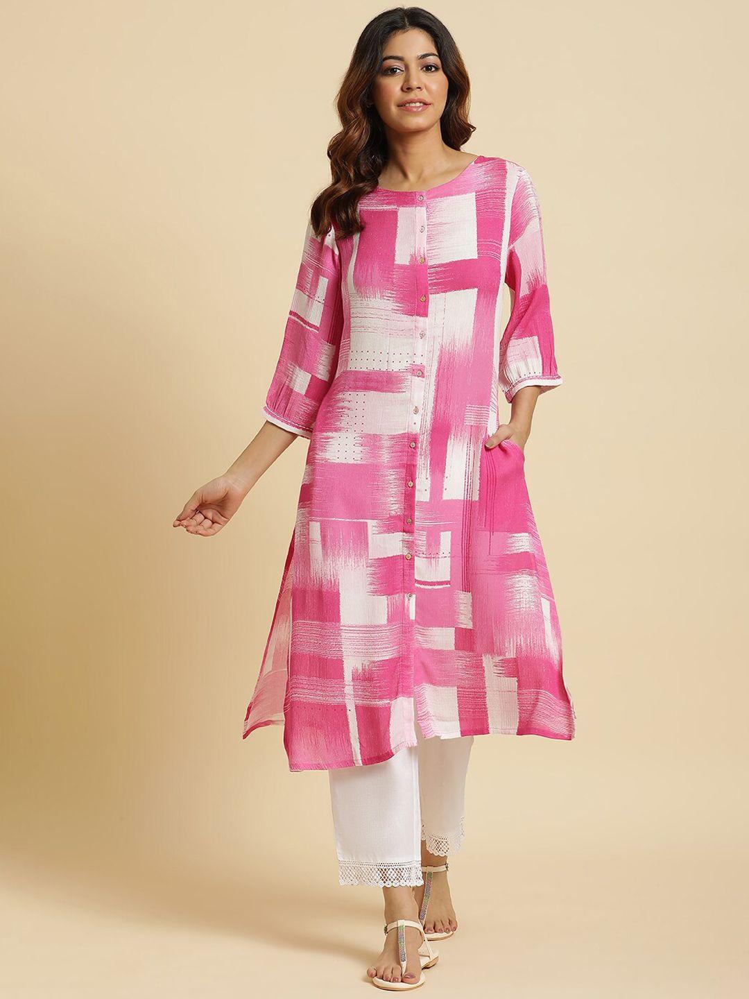 w pink & beige abstract printed round neck a-line kurta