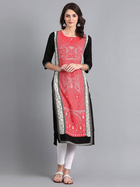 w pink & black printed straight kurti