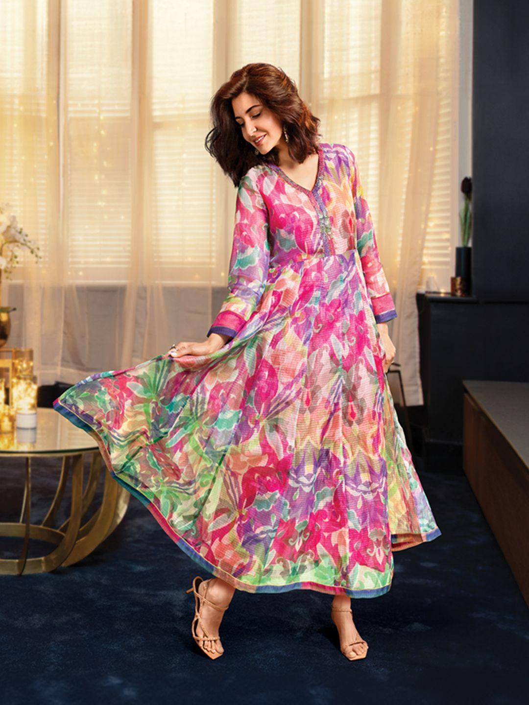 w pink & green abstract printed fit & flare ethnic dress