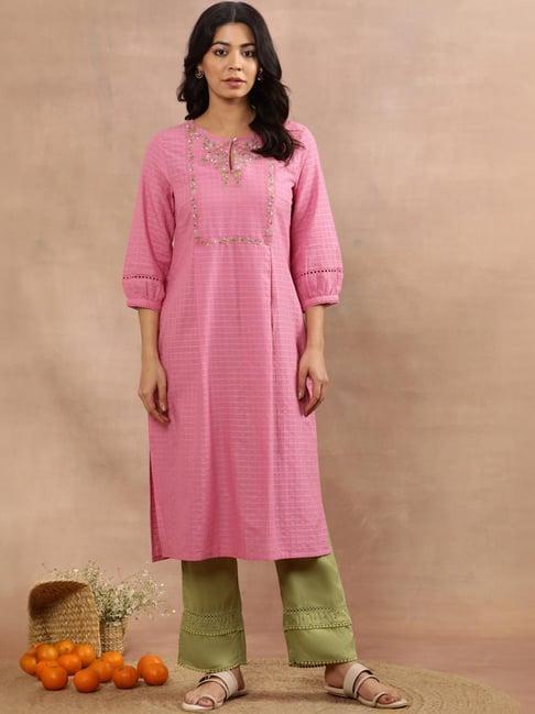 w pink & green cotton embroidered kurta pant set