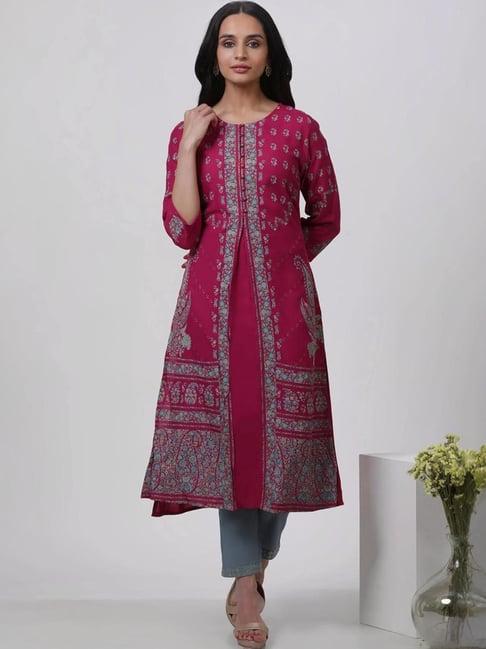 w pink & grey printed kurta pant set