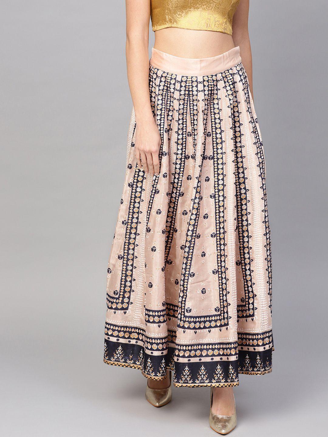 w pink & navy blue printed maxi flared skirt