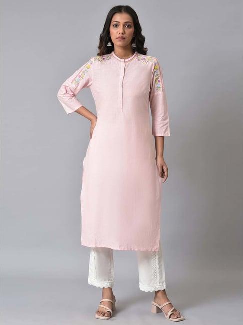 w pink & white cotton embroidered kurta pant set