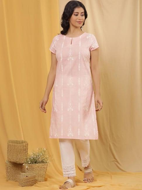 w pink & white cotton printed kurta pant set