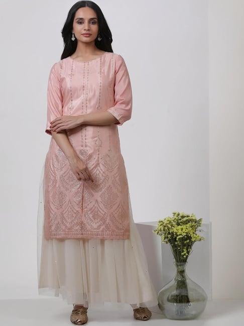 w pink & white embellished kurta skirt set