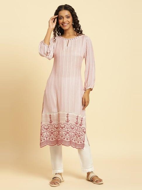 w pink & white striped straight kurta