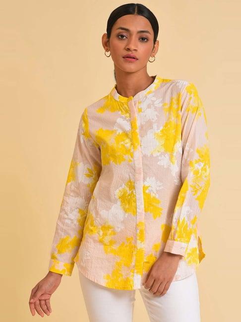 w pink & yellow cotton floral print shirt