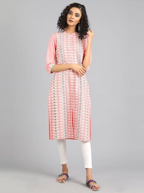 w pink cotton floral print straight kurti