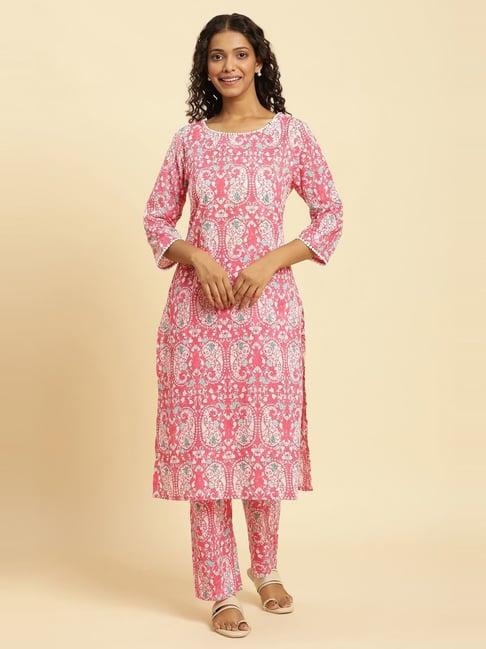 w pink cotton printed kurta pant set