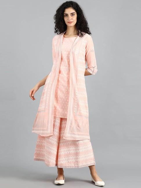 w pink cotton printed kurti palazzo set with jacket