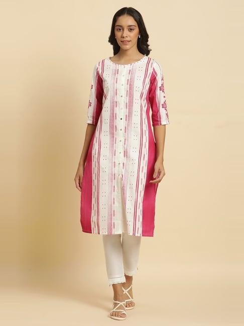 w pink cotton printed straight kurta