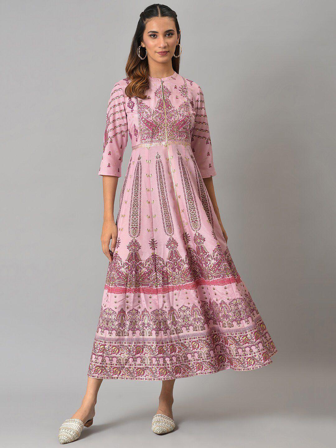 w pink ethnic motifs midi fit and flare dress