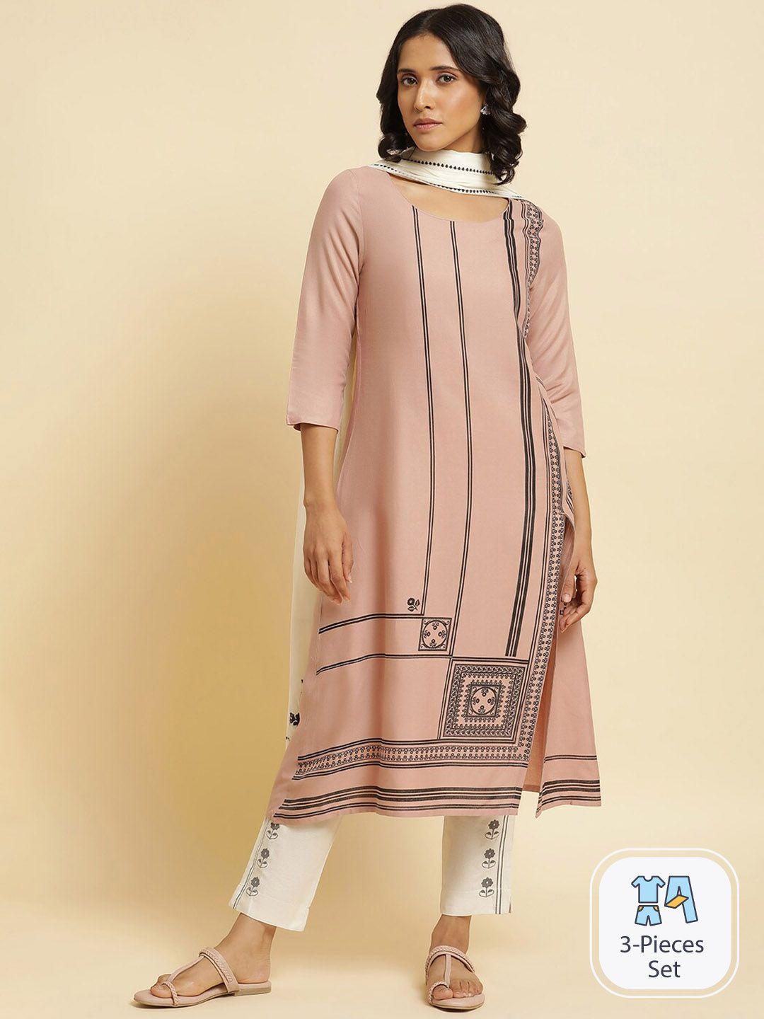 w pink ethnic motifs printed kurta with trousers & with dupatta