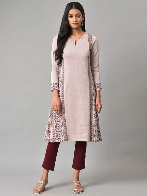 w pink floral print a line winter kurta