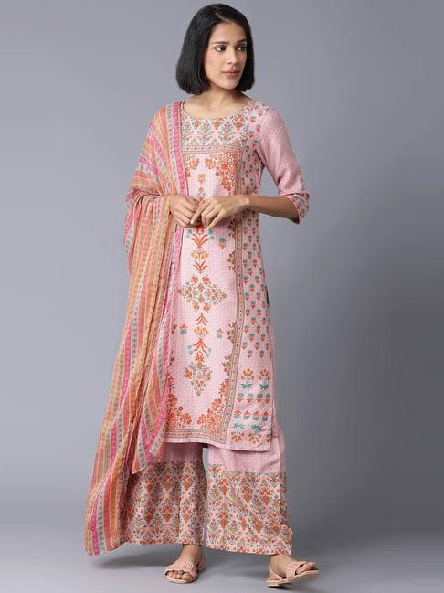 w pink floral print kurta pant set with dupatta