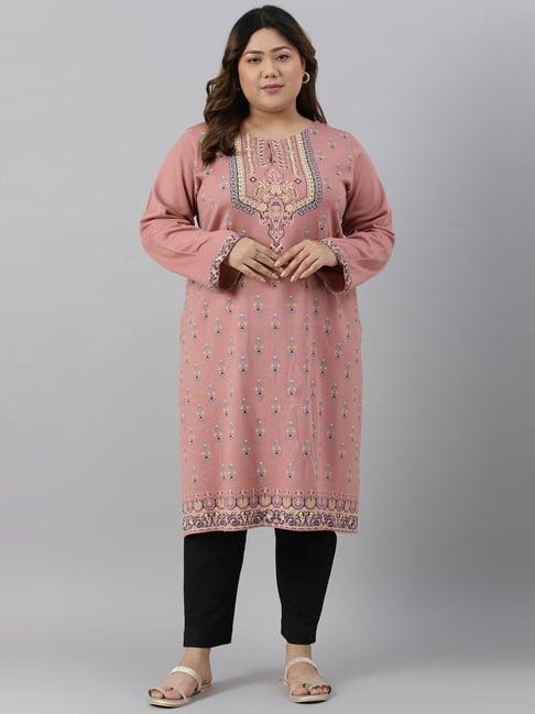 w pink floral print straight winter kurta