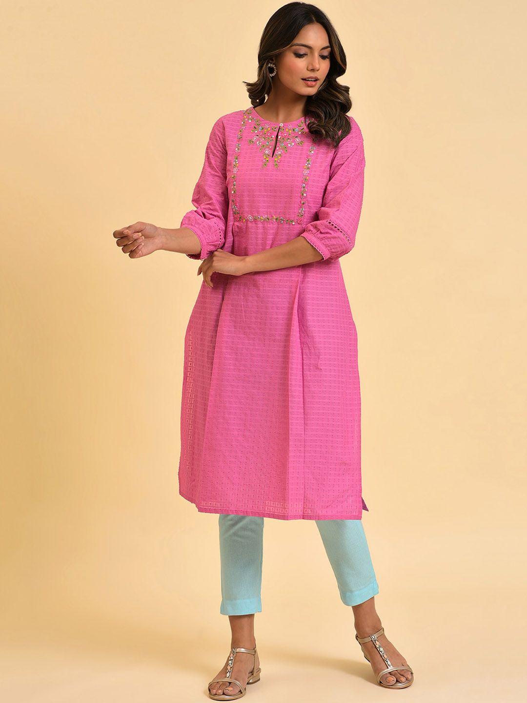 w pink keyhole neck floral yoke design thread work pure cotton kurta