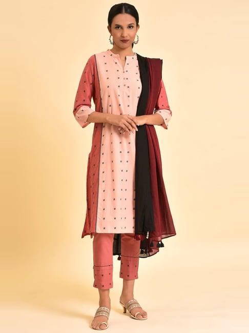 w pink printed kurta pant set with dupatta