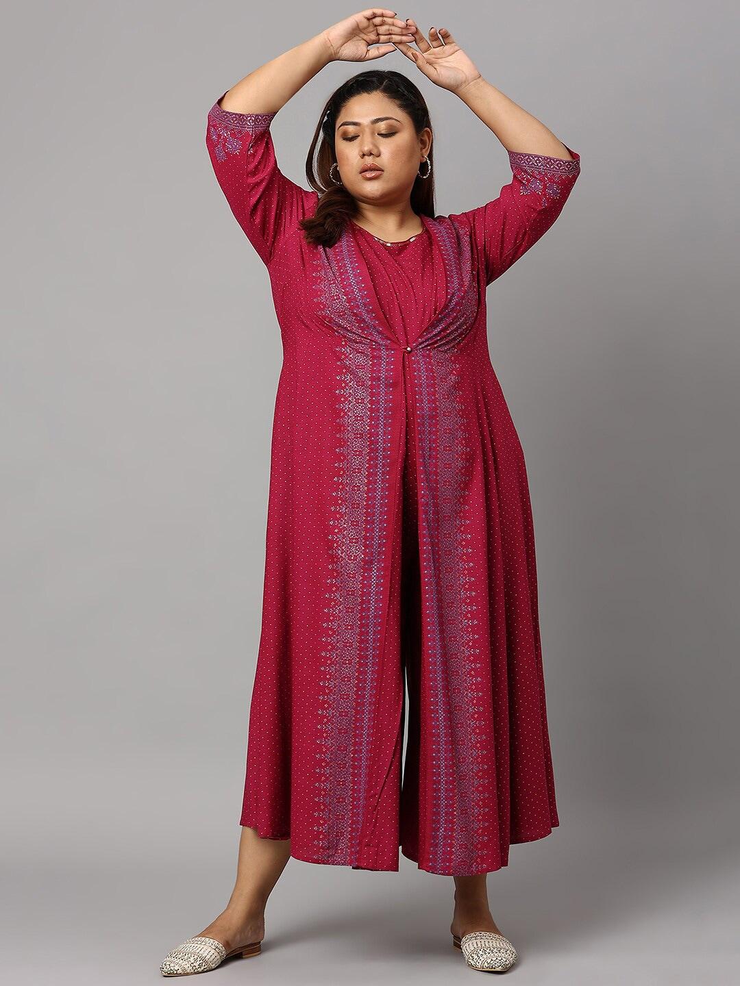 w pink printed rayon plus size ethnic jumpsuit