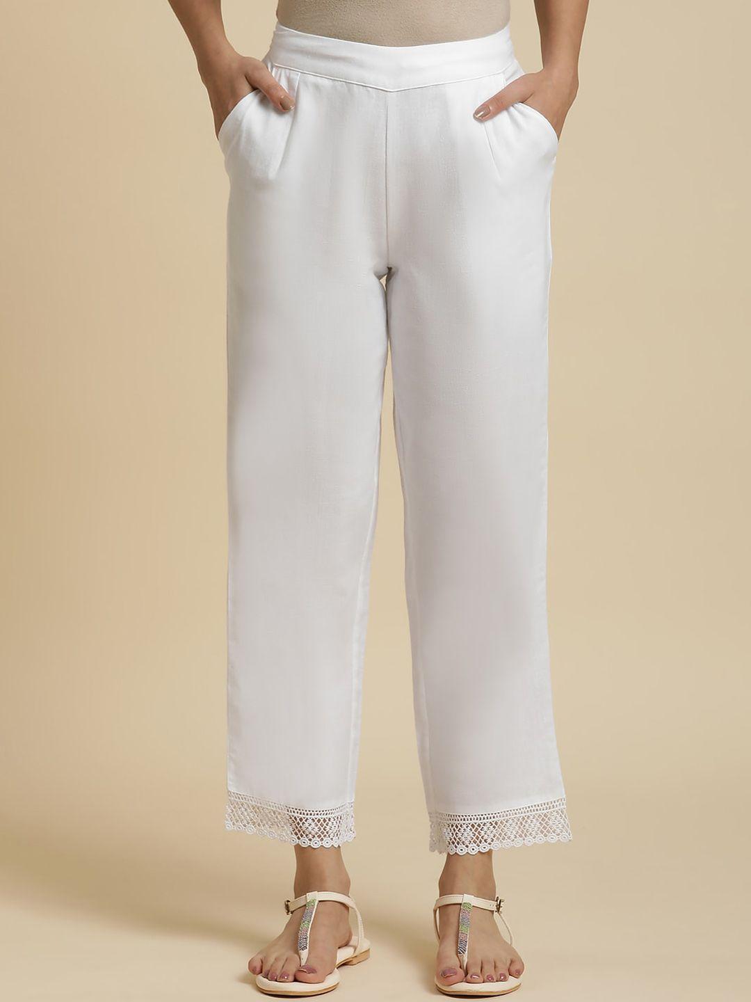 w plain straight fit mid rise cotton parallel trousers