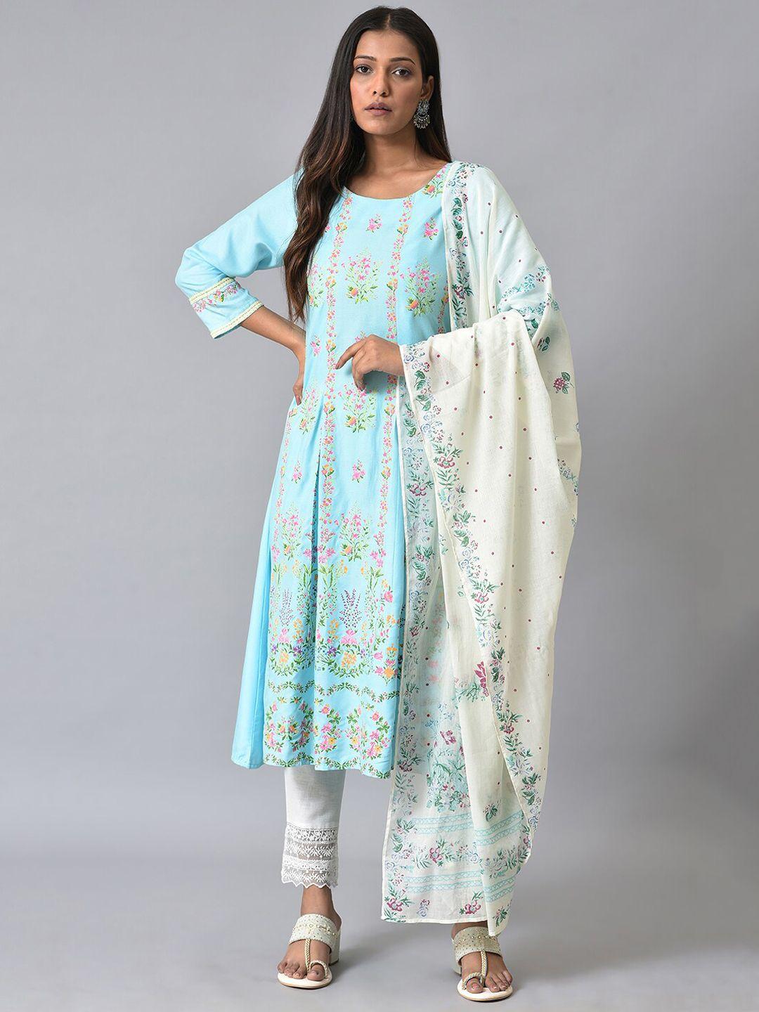 w pleated floral printed anarkali kurta with trousers & dupatta