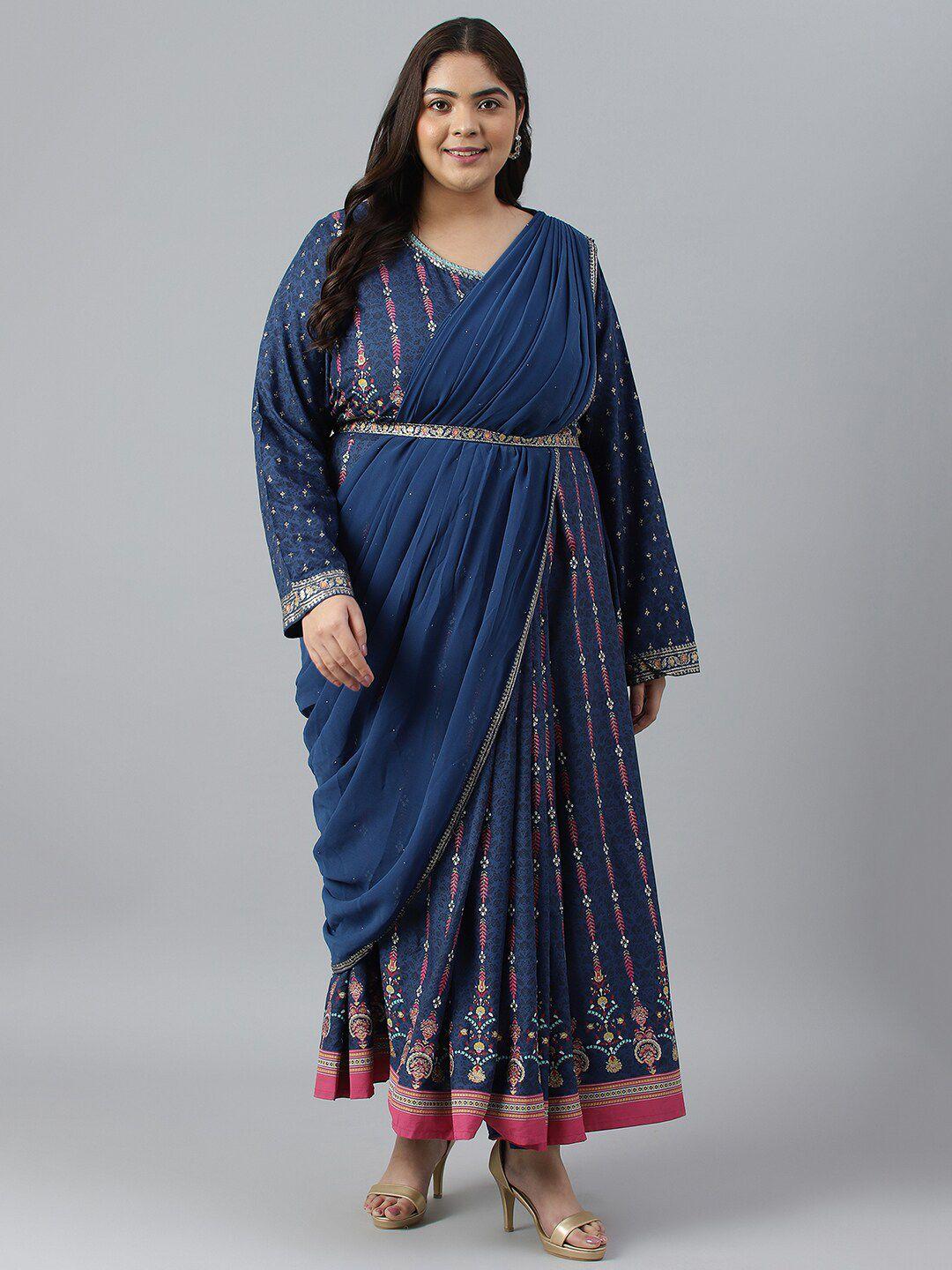 w plus size ethnic motifs printed round neck maxi dress