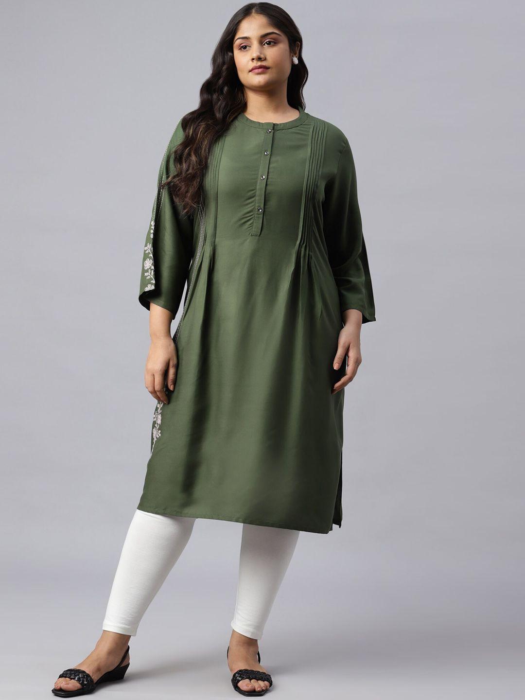 w plus size women green floral embroidered flared sleeves pleated kurta