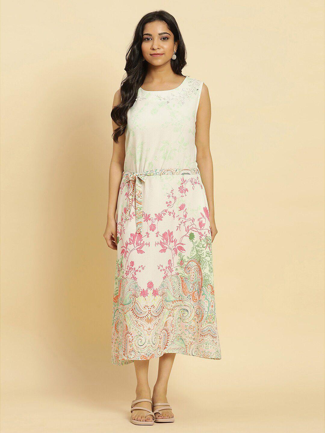 w print floral printed a-line round neck maxi dress