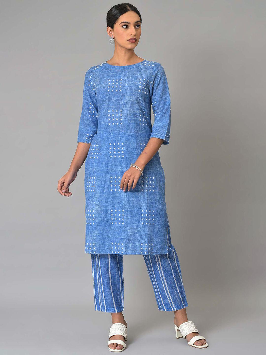 w printed round neck pure cotton kurta with trousers