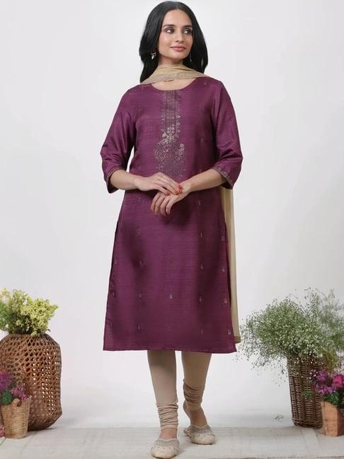 w purple & beige embellished kurta churidar set with dupatta