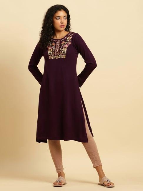 w purple & beige embroidered kurta pant set