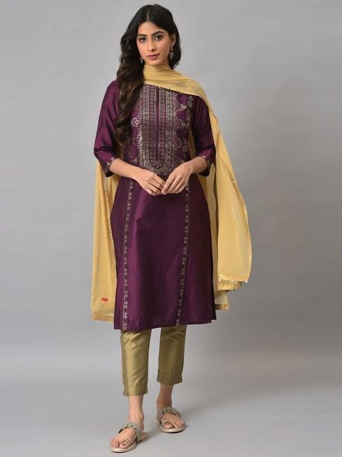 w purple & green embellished kurta pant set with dupatta