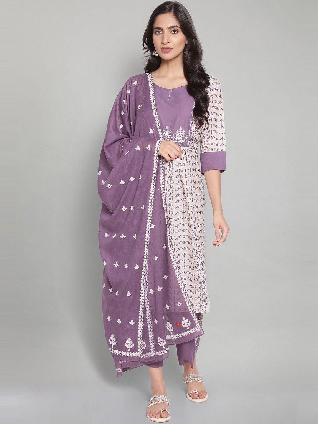 w purple & white printed pure cotton dupatta