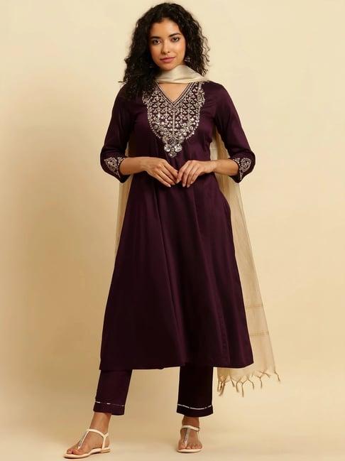 w purple embroidered kurta pant set with dupatta