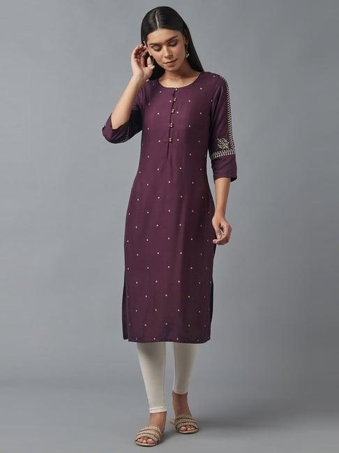 w purple embroidered straight kurta