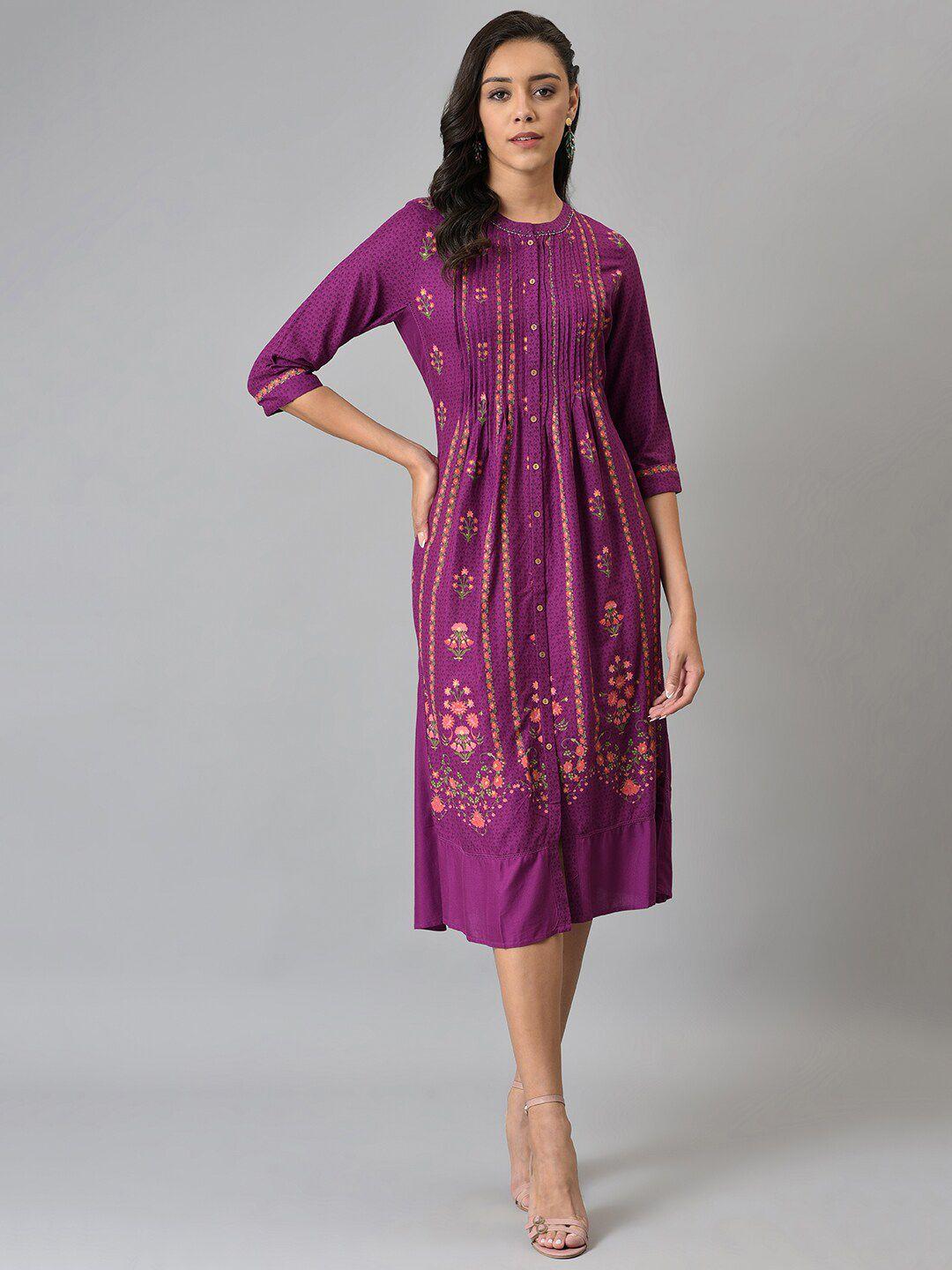 w purple ethnic motifs chiffon ethnic a-line midi dress