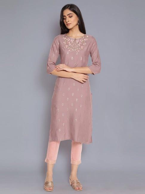 w purple floral kurta with  embroidery