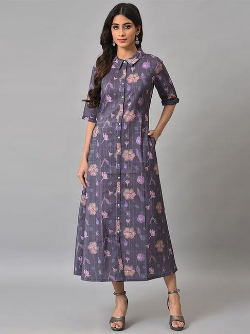 w purple floral print a-line dress