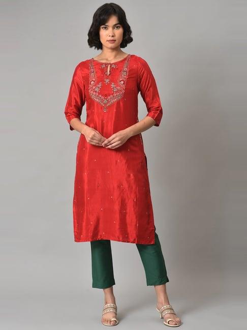 w red & green embroidered kurta pant set