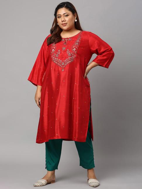 w red & green viscose rayon embroidered kurta pant set