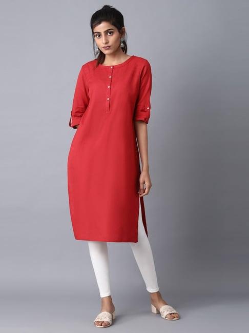 w red cotton straight kurta