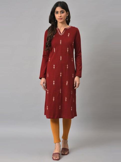 w red embroidered straight kurta