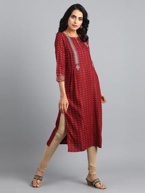 w red embroidered straight kurti