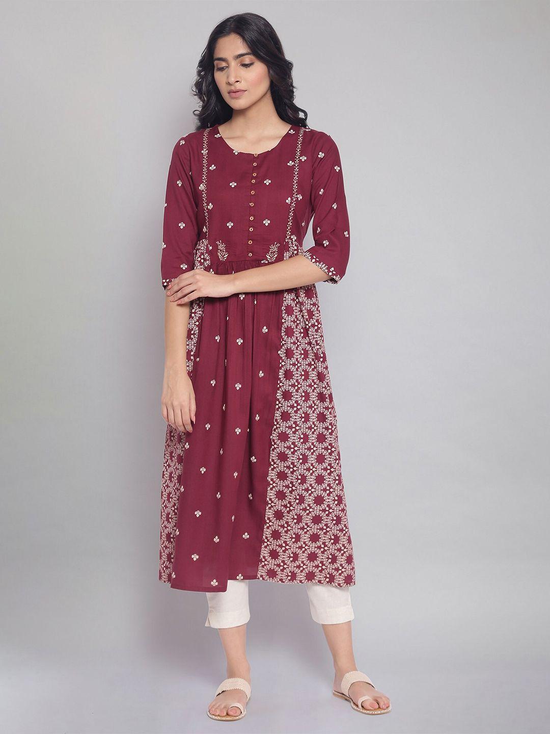 w red ethnic motifs a-line midi all-over print and embroidery yoke dress