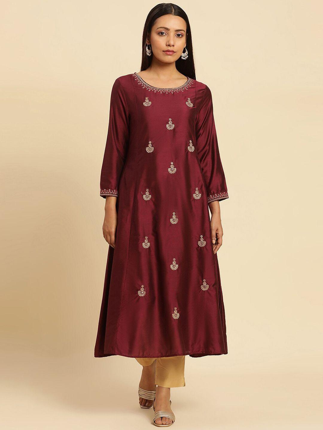 w red ethnic motifs zari embroidered round neck anarkali kurta