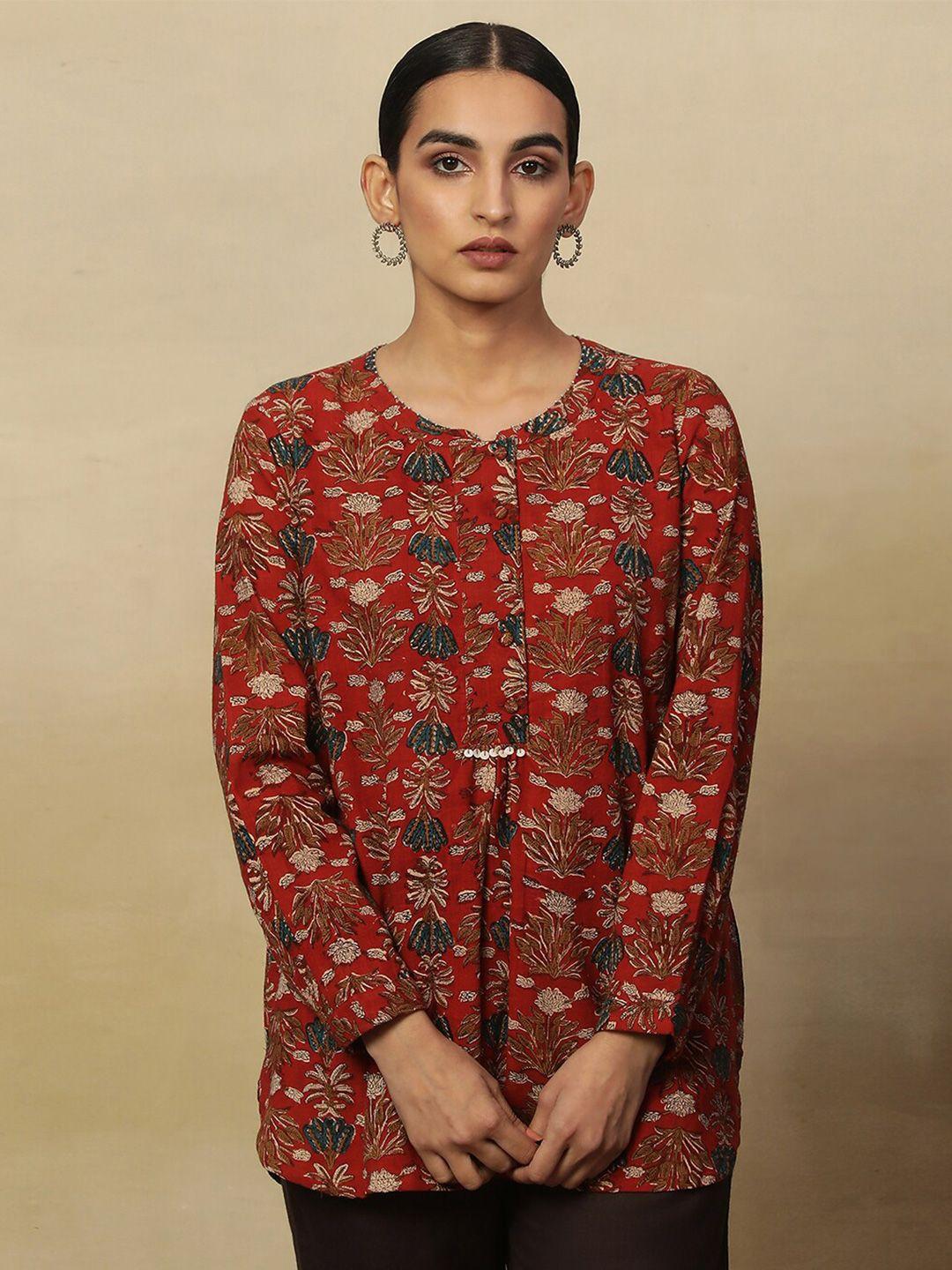 w red floral printed pure cotton straight kurti