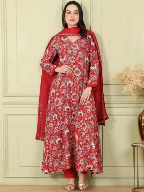 w red printed kurta pant set with dupatta