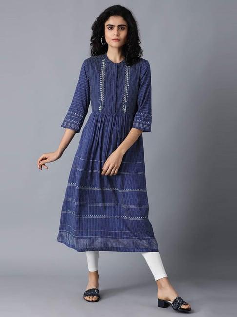 w royal blue printed a line kurta