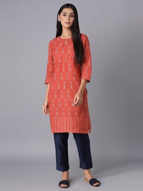 w rust printed straight kurta