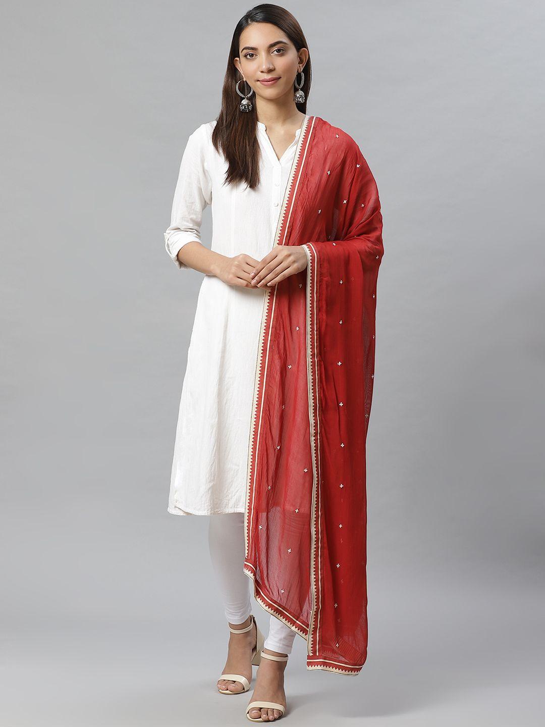 w rust red & white embroidered dupatta